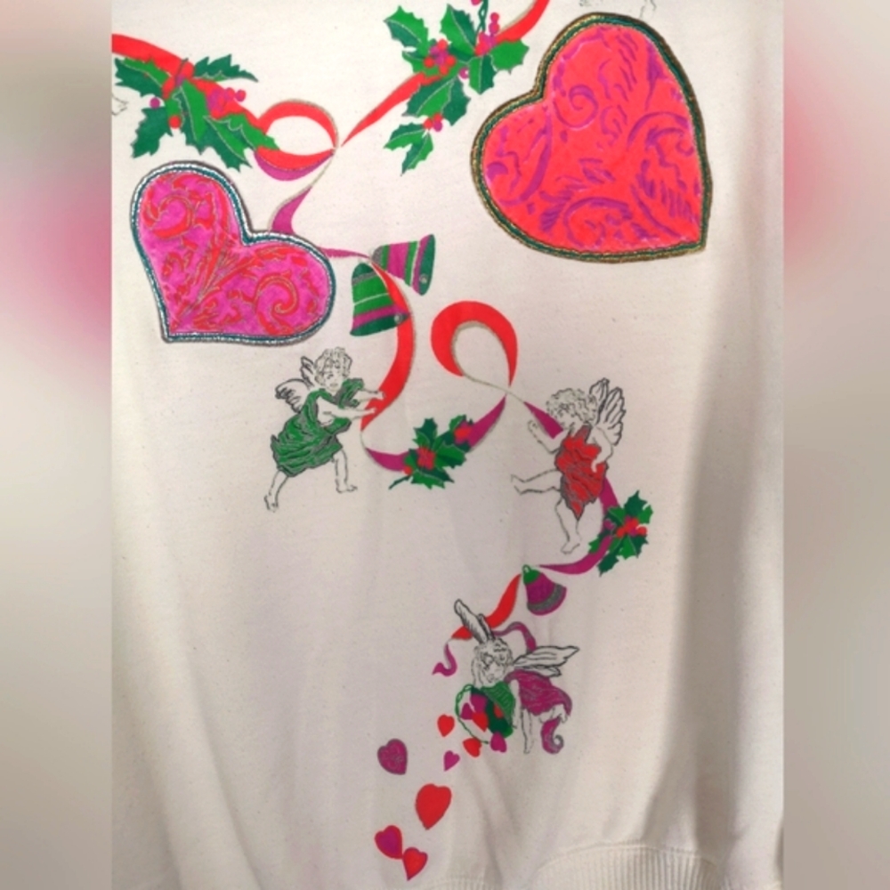 Vintage 80s Christmas Hearts White Sweater - Picture 2 of 5